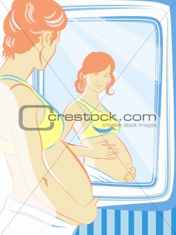 Pregnant women against a mirror