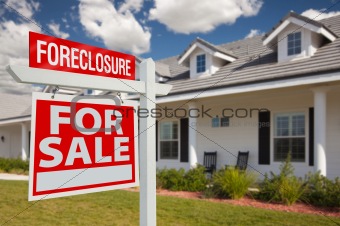 Foreclosure Home For Sale Real Estate Sign in Front of New House - Left Facing.