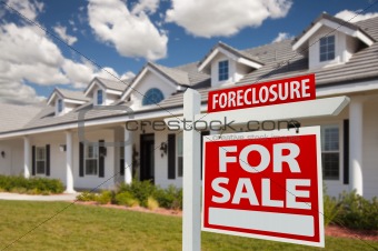Foreclosure Home For Sale Real Estate Sign in Front of New House - Right Facing.