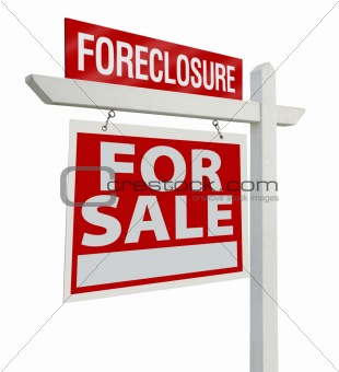 Foreclosure Home For Sale Real Estate Sign Isolated on a White Background with Clipping Paths - Left Facing.