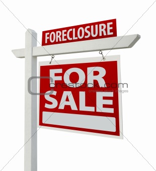 Foreclosure Home For Sale Real Estate Sign Isolated on a White Background with Clipping Paths - Right Facing.