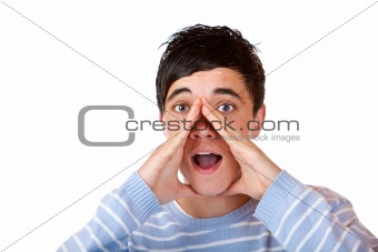 Young male teenager screaming advertisement announcement