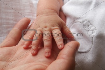 Father holds the hand of his one day old child.