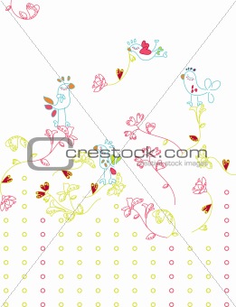 Delicate and feminine birds flying with heart shaped flower branches.