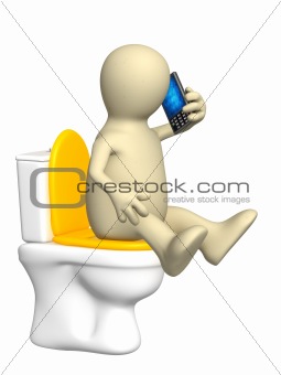 Puppet, sitting with a phone on toilet bowl