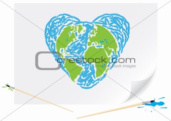 Drawing green earth blue heart