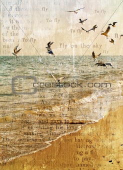 Flight of seagulls over the sea.