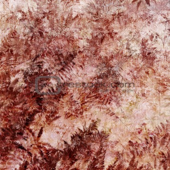 Background red texture with decorative ferns and patterns