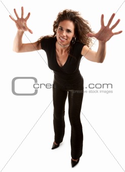 Pretty woman with wild brunette hair on white background