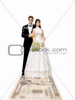 Wedding couple standing on a Dollar Bank Note