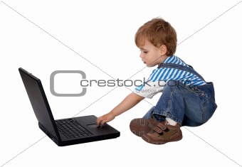 Boy Working On Notebook Over White