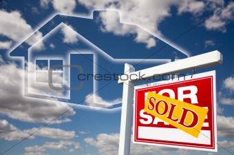 Sold For Sale Real Estate Sign Over Clouds, Sky and House Icon.