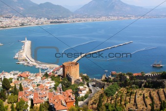 Port Alanya and red brick tower 