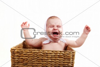 Crying baby in backet