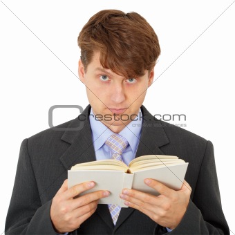 Man reads book isolated on white background