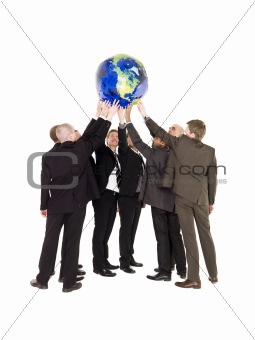 Group of men holding a terrestrial globe