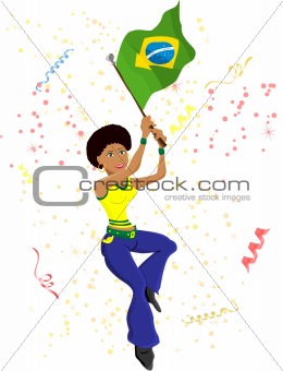 Black Girl Brazil Soccer Fan with flag.