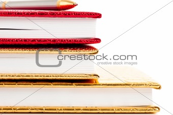 Golden and red notebooks with silver pen