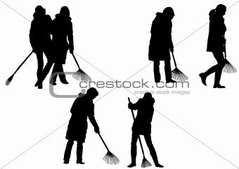 Women, sweeping leaves