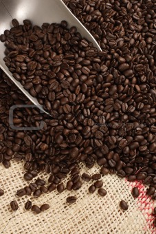 Coffee beans, scoop and sack