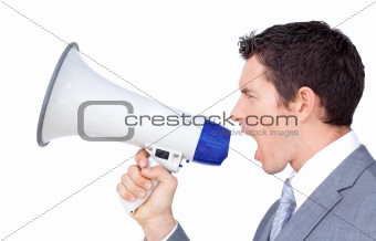 Stressed businessman holding a megaphone