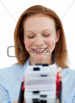 Portrait of a businesswoman searching for the index
