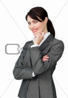 Positive beautiful businesswoman standing
