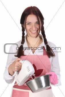 beautiful housewife preparing with kitchen mixer 