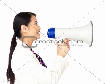 Young Asian businesswoman using a megaphone 