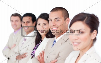A diverse business team standing in a line 