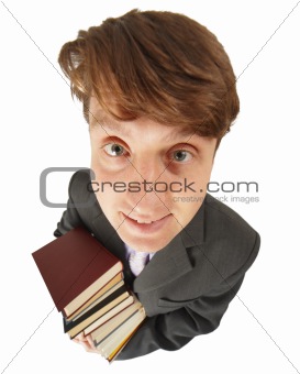 Funny guy with pile of books