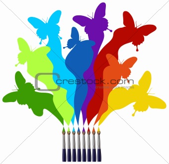 Paint brushes and colored butterflies rainbow
