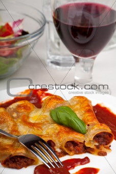 traditional cannelloni pasta dish with tomato sauce