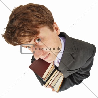 Amusing guy with library books in hands