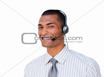 Attractive businessman with headset on 