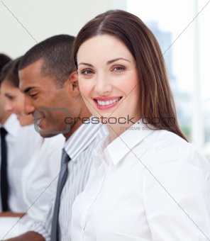 Close-up of businesswoman and her team