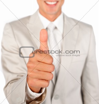 Close-up of a businessman with thumb up 