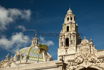 The Tower and Dome at Balboa Park, San Diego, California Against a Deep Blue Sky.