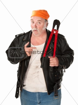 Fat theif with big red bolt cutter tool