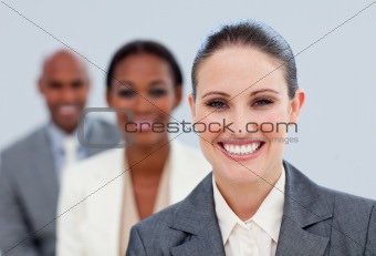Close-up of an attractive manager and her team 