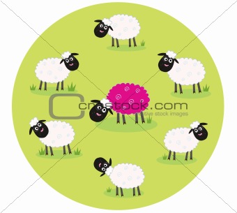 One pink sheep is lonely in the middle of white sheep family