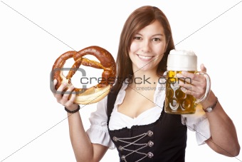 Happy Bavarian woman holding Oktoberfest beer stein and pretzel