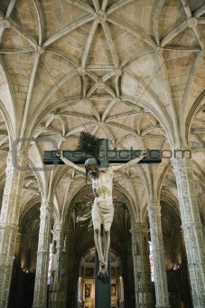 Crucifixion scene in Jeronimos Monastery in Lisbon, Portugal.