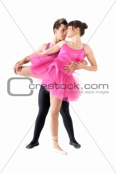 Young couple dancing ballet isolated on white background.