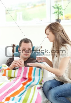 Caucasian woman taking care of her husband
