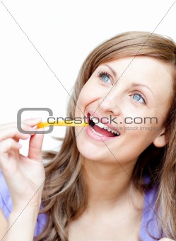 Caucasian woman holding chips