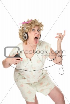 Funny woman in nightgown listening to music