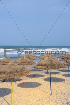 parasols on a beach in the morning