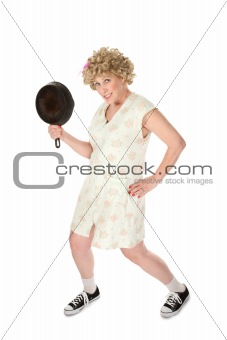 Funny housewife with frying pan