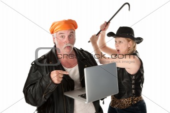 Woman with crowbar threatening man with laptop computer